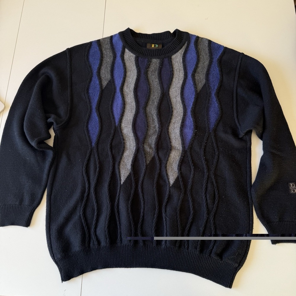 VTG Baffo 3D Knit Coogi Style Sweater Black Navy Men's Size SEE‎ MEASUREMENTS